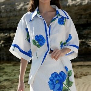 NWT Aston Studio Neri Floral Button-Up Blouse in Foam/Celeste